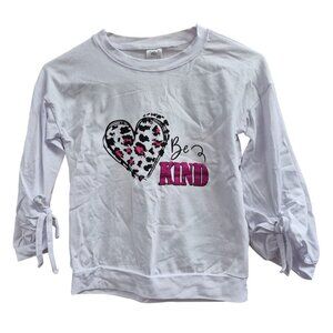 Girls White "Be Kind" Sweatshirt With Heart Graphic & Bow Sleeves 8/9